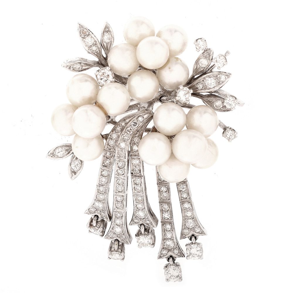 Appraisal: Vintage Diamond Pearl and K Brooch Vintage Round Brilliant Cut