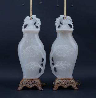 Appraisal: Pair Marbro Chinese Style Carved Alabaster Lamps In the form