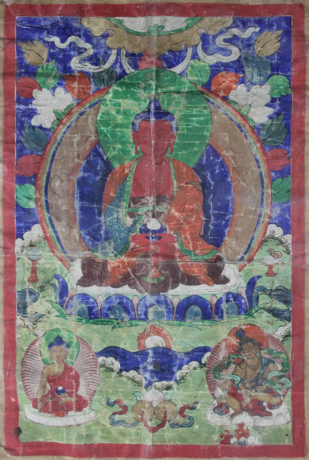 Appraisal: SINO-TIBETAN THANGKA OF THE BUDDHA WITH THREE CHARACTER INSCRIPTION TO