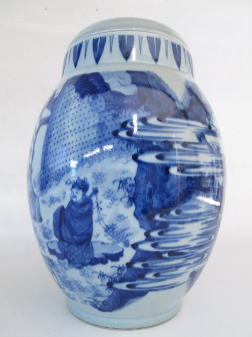 Appraisal: CHINESE BLUE UNDERGLAZE COVERED PORCELAIN JAR over barrel form with