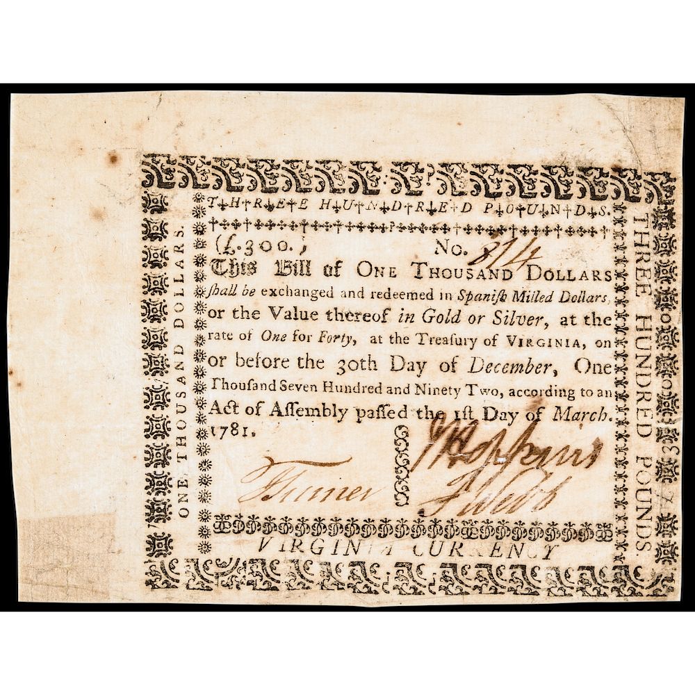 Appraisal: Revolutionary War Virginia Currency Note Printed on Thin Rice Paper