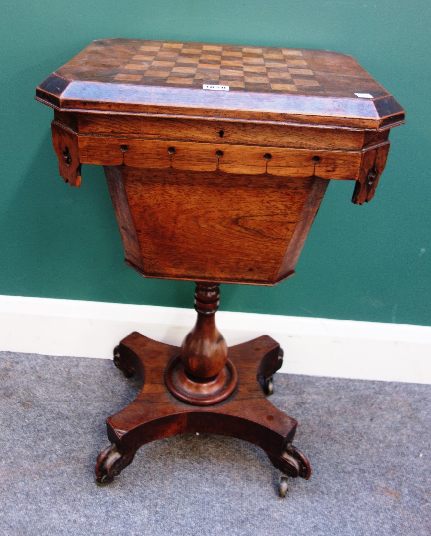 Appraisal: A William IV rosewood games sewing box on bulbous column