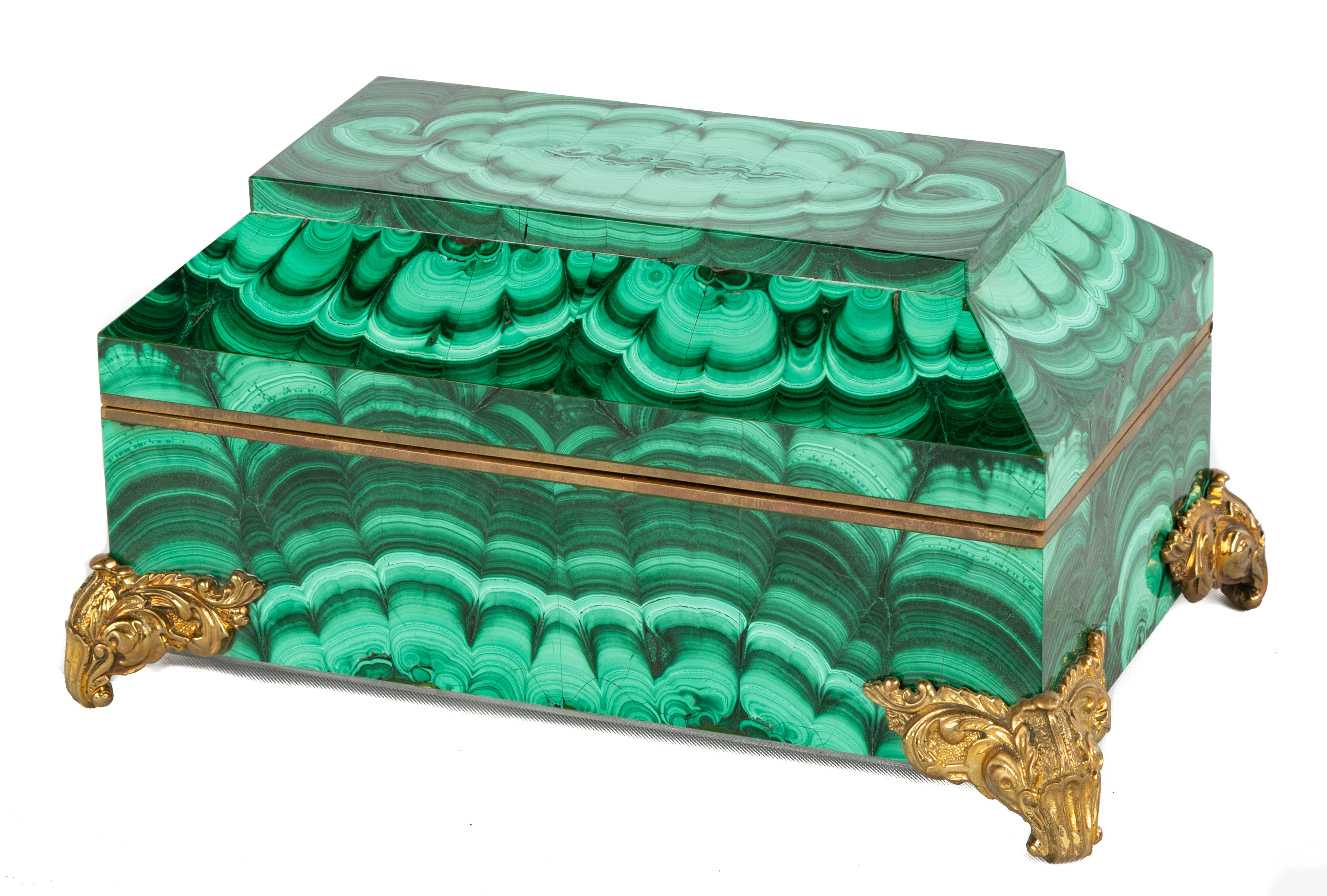 Appraisal: MALACHITE JEWELRY BOX WITH BRASS MOUNTS th century