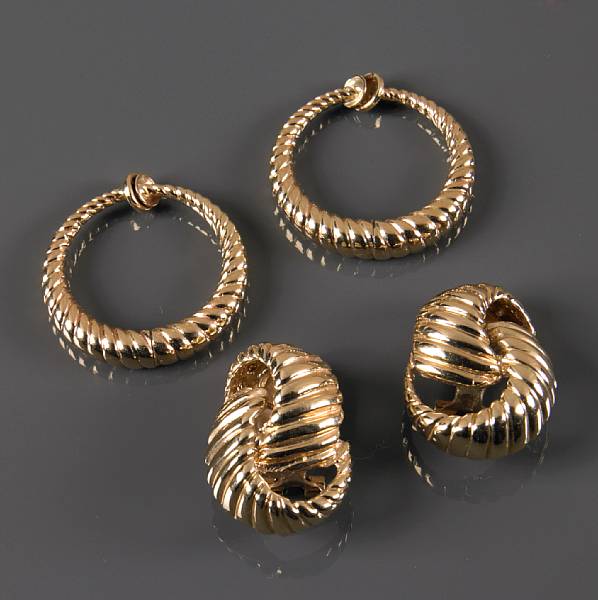 Appraisal: A collection of and k gold earrings featuring five pair