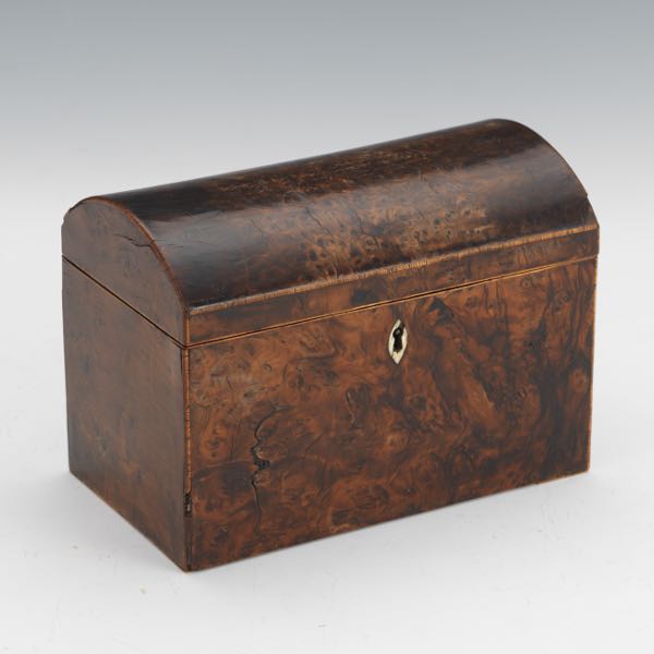 Appraisal: VICTORIAN BURLWOOD VENEERED TEA CADDY x x With hinged domed