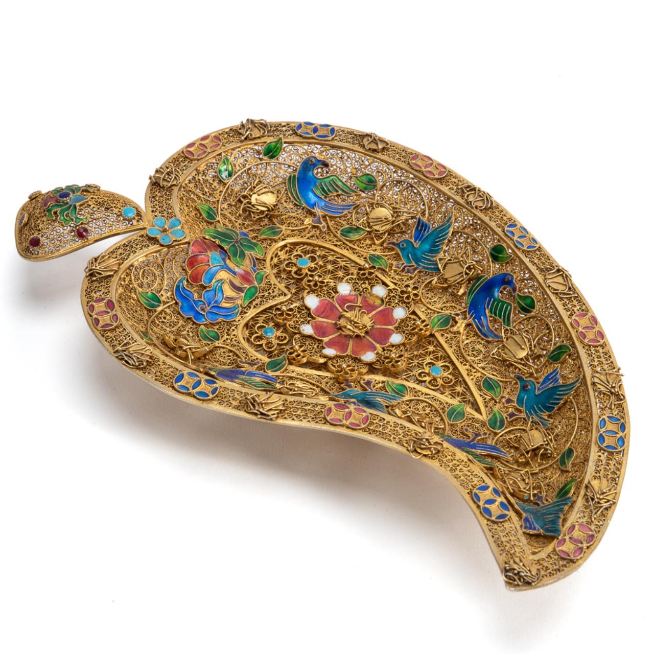 Appraisal: CHINESE GILT FILIGREE ENAMEL LEAF FORM DISH Chinese gilt filigree