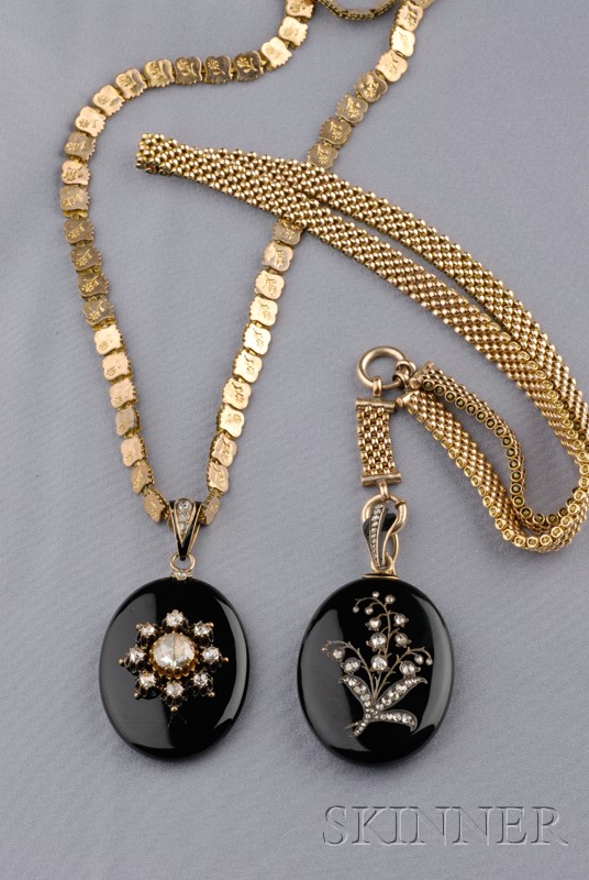 Appraisal: Two Antique Onyx and Rose-cut Diamond Pendants one with lily-of-the-valley