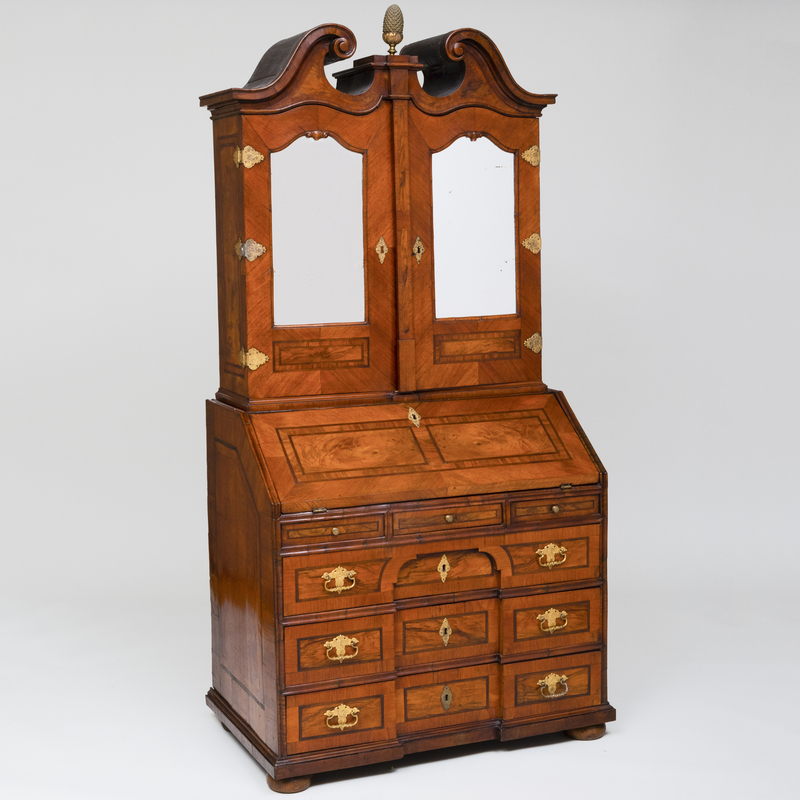 Appraisal: GERMAN BAROQUE GILT-METAL-MOUNTED WALNUT AND MAHOGANY PARQUETRY SLANT-FRONT SECRETARY In