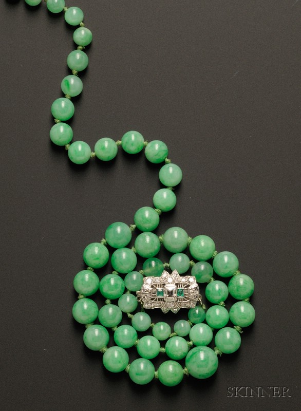 Appraisal: Art Deco Jadeite Bead Necklace composed of fifty beads graduating