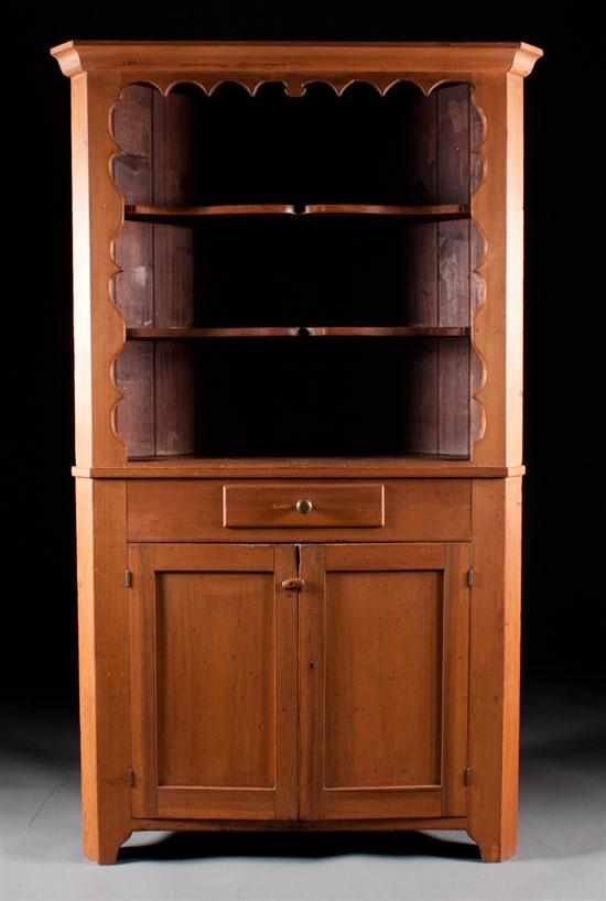 Appraisal: American vernacular pine open corner cupboard probably Pennsylvania second quarter-