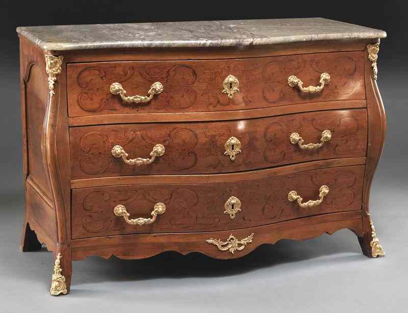 Appraisal: Louis XV style marble top bombe commodehaving a three drawer