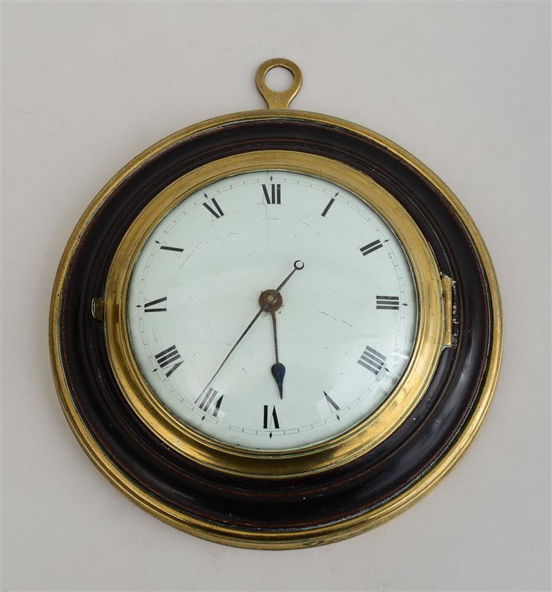 Appraisal: ENGLISH BRASS-MOUNTED EBONY WALL CLOCK The enamel dial with Roman