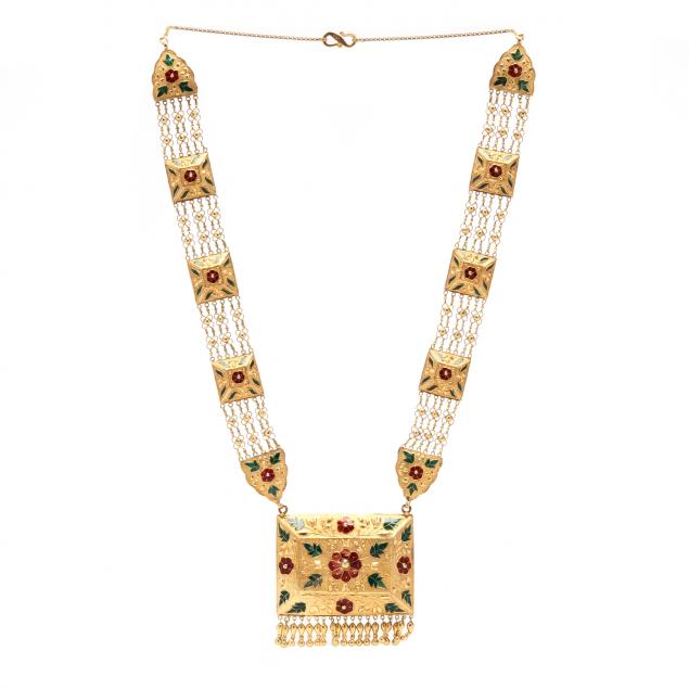 Appraisal: HIGH KARAT GOLD AND ENAMEL NECKLACE INDIA Necklace with a