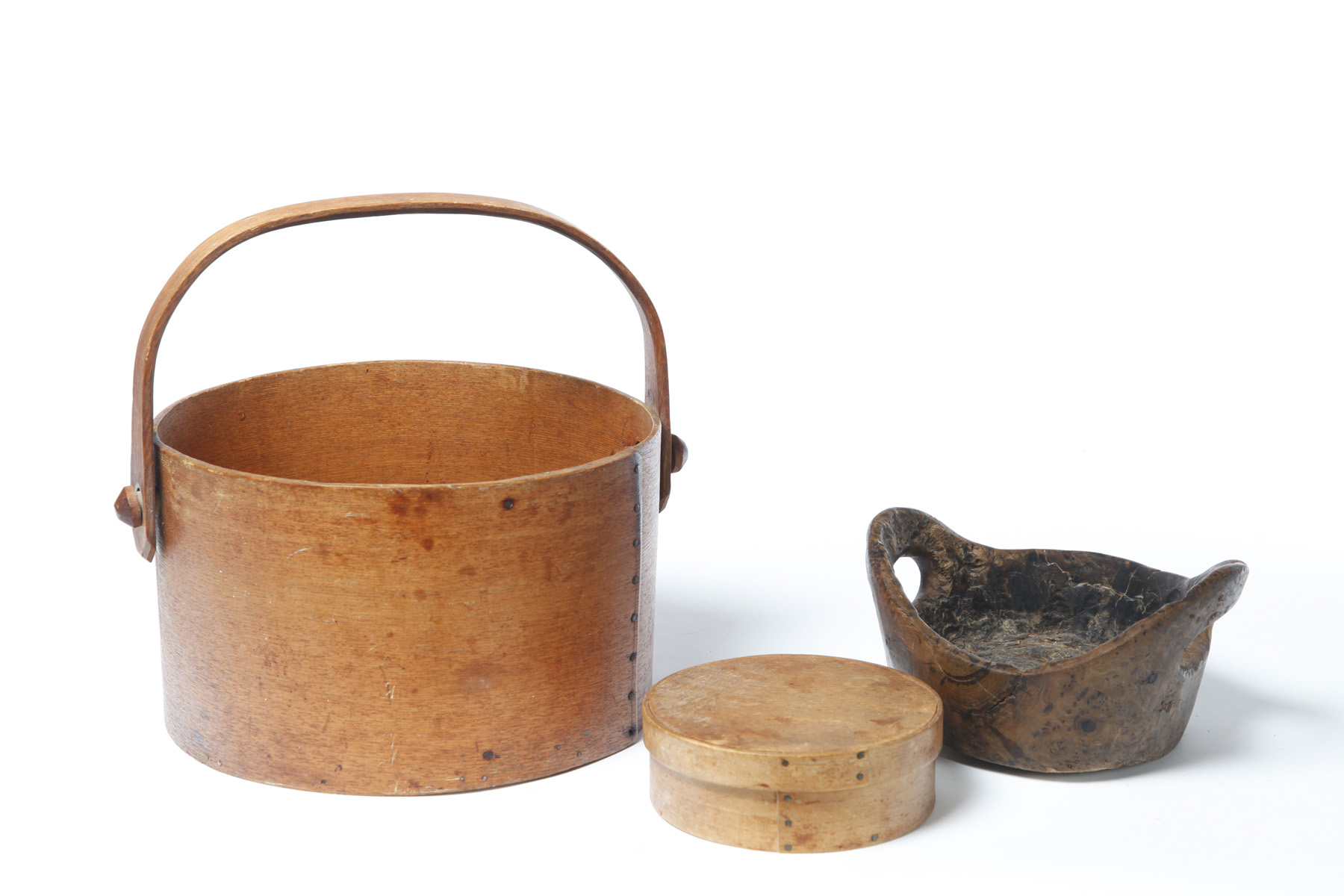 Appraisal: PANTRY BOX BURL BOWL AND MEASURE American th century Rough