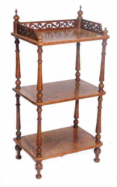 Appraisal: A VICTORIAN WALNUT AND INLAID THREE TIER WHATNOT the upper