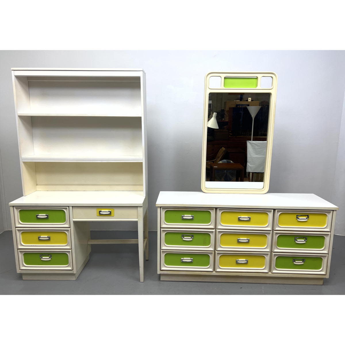 Appraisal: s Mod White Lacquered Dresser and Desk with Green and