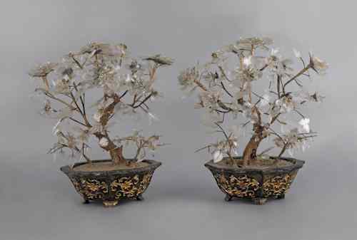 Appraisal: Pair of Chinese lacquerware bowls ca with crystal petaled trees