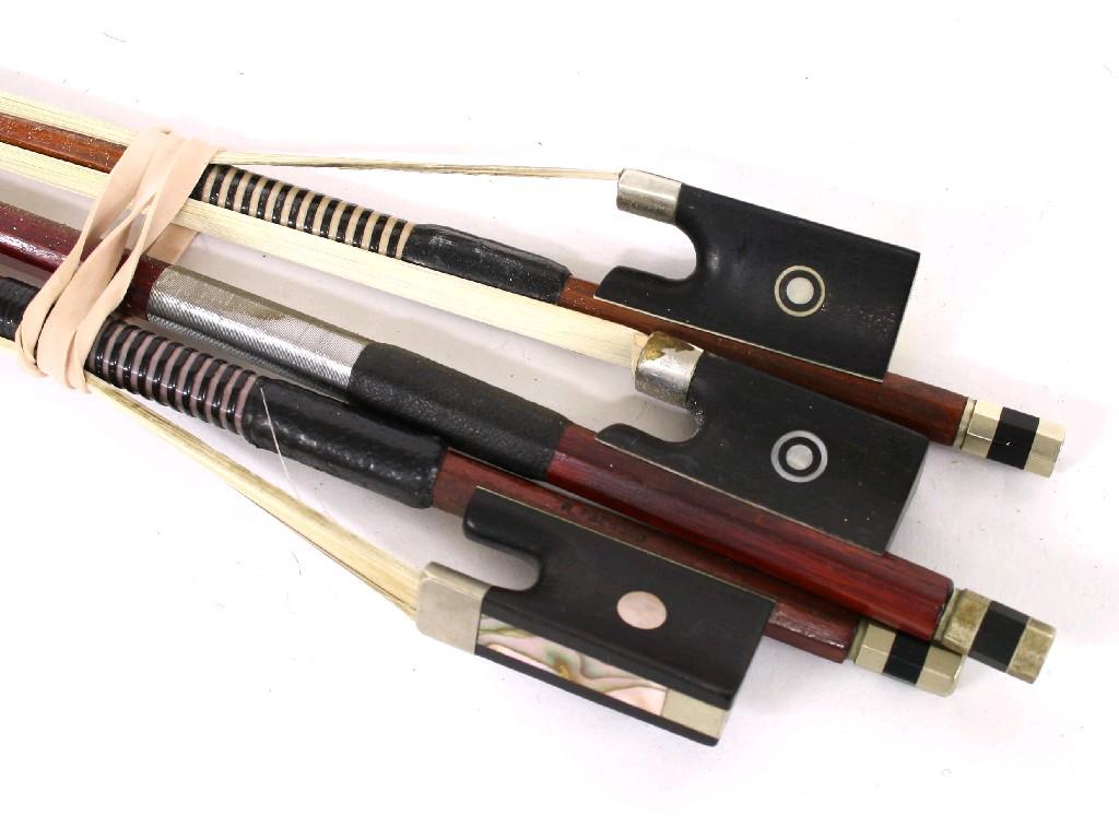 Appraisal: Three nickel mounted and branded violin bows