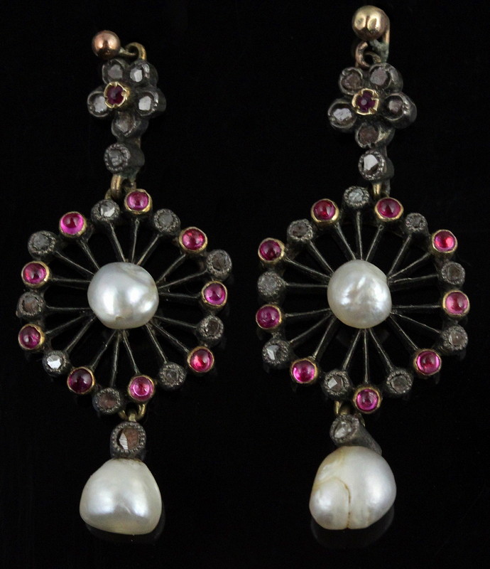 Appraisal: A pair of Edwardian diamond pearl and gem-set earrings of