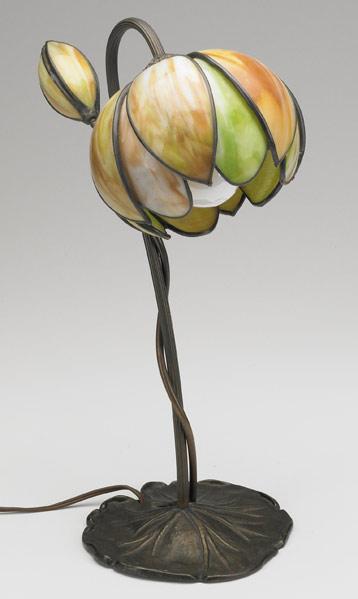 Appraisal: LEADED GLASS WATER LILY LAMP With flowered shade on bronze