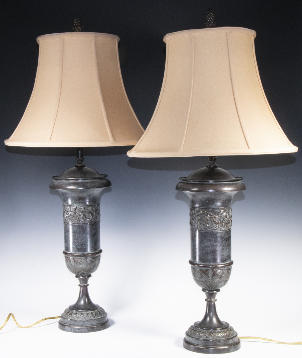 Appraisal: PAIR OF GREEK REVIVAL METAL URN BASE TABLE LAMPS WITH