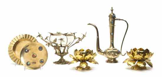 Appraisal: A Continental Brass and Glass Centerpiece together with two lotus