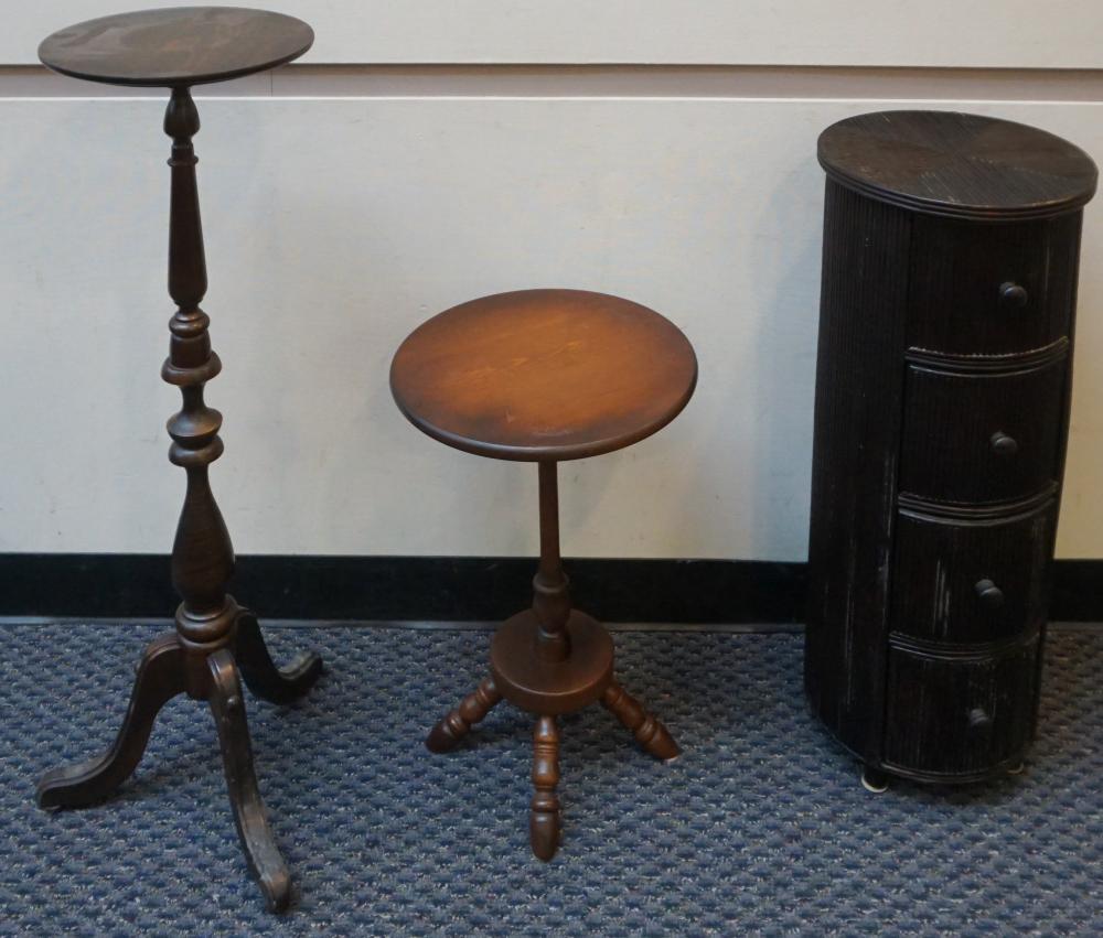 Appraisal: TWO PINE CANDLESTANDS AND A RATTAN SIDE CABINET H OF