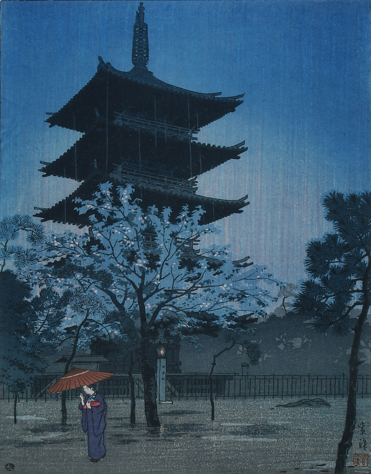 Appraisal: SHIRO Kasamatsu Japanese - ''Pagoda in the Rain'' Japanese Woodblock