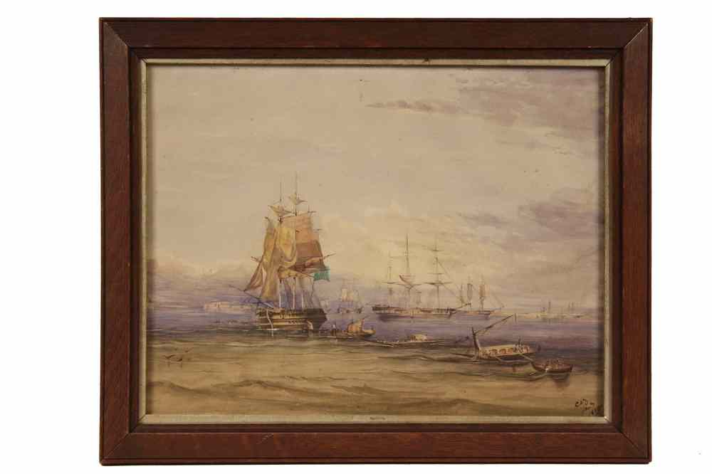 Appraisal: WATERCOLOR - Harbor Scene with Moored Naval Ships and Approaching