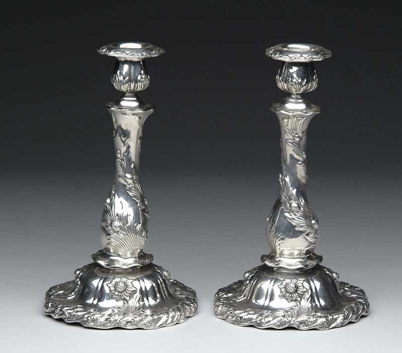 Appraisal: PAIR OF RARE TALL STERLING TIFFANY CHRYSANTHEMUM CANDLE STICKS One