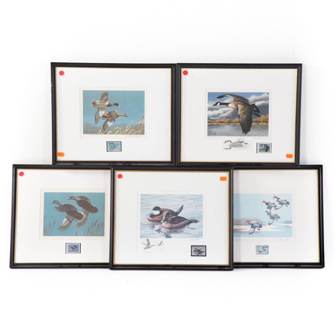 Appraisal: Group of five framed duck prints with stamps artists include