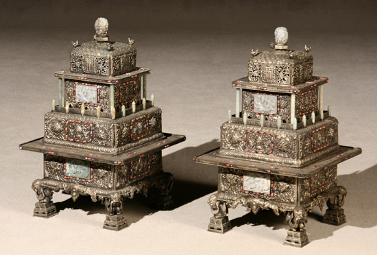 Appraisal: Pair of Sino-Tibetan Jeweled and Jade Mounted Embossed and Chased