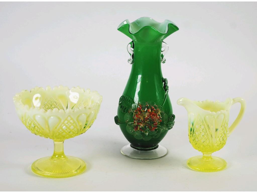 Appraisal: VICTORIAN VASELINE GLASS PEDESTAL SUGAR BOWL AND MATCHING MILK JUG