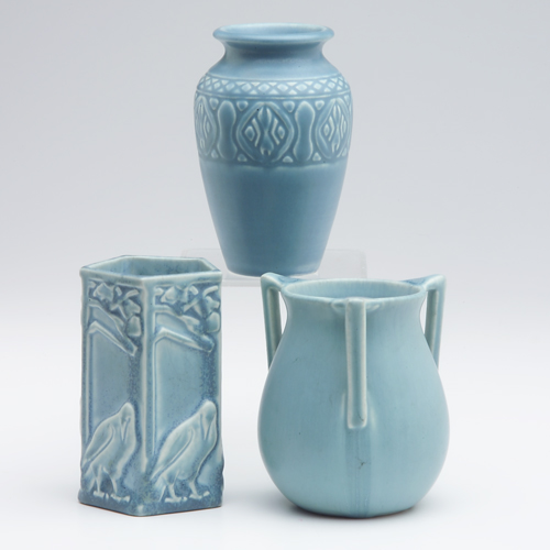 Appraisal: ROOKWOOD Three Production vases covered in light blue glaze one