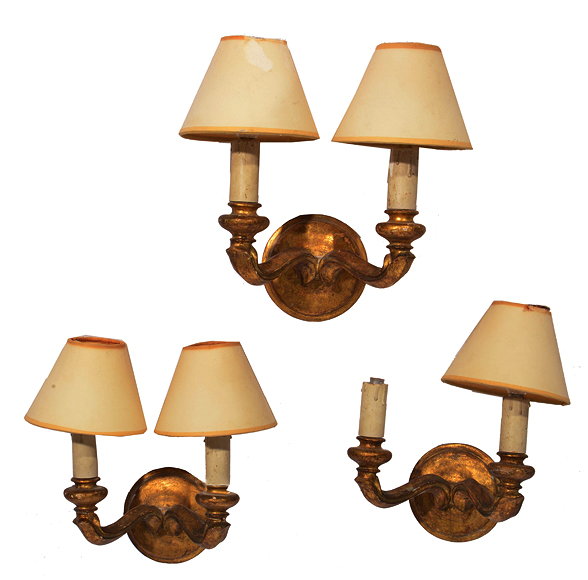 Appraisal: THREE PAIRS OF GILT WOOD TWO BRANCH WALL LIGHTS each