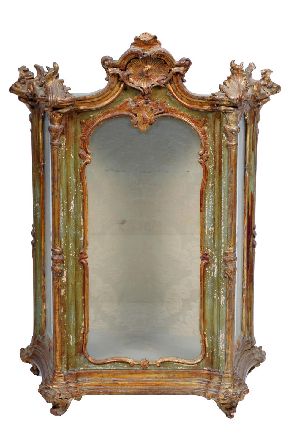 Appraisal: VENETIAN ROCOCO PAINTED PARCEL GILT HANGING VITRINE CABINETCondition with insect