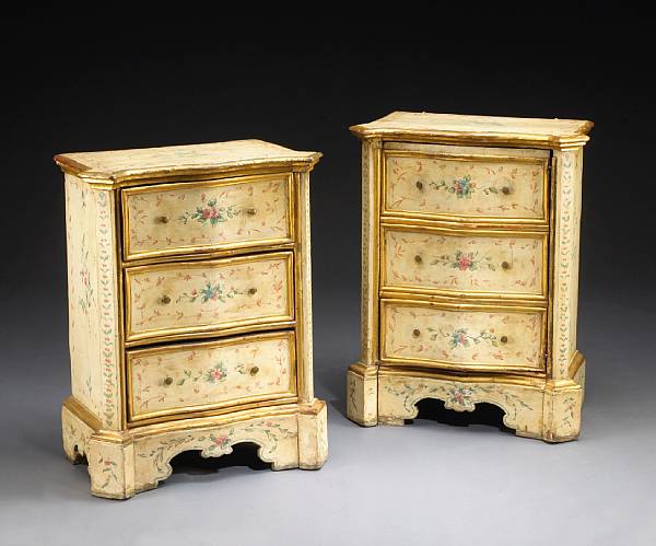 Appraisal: A pair of Venetian parcel gilt and paint decorated commodini