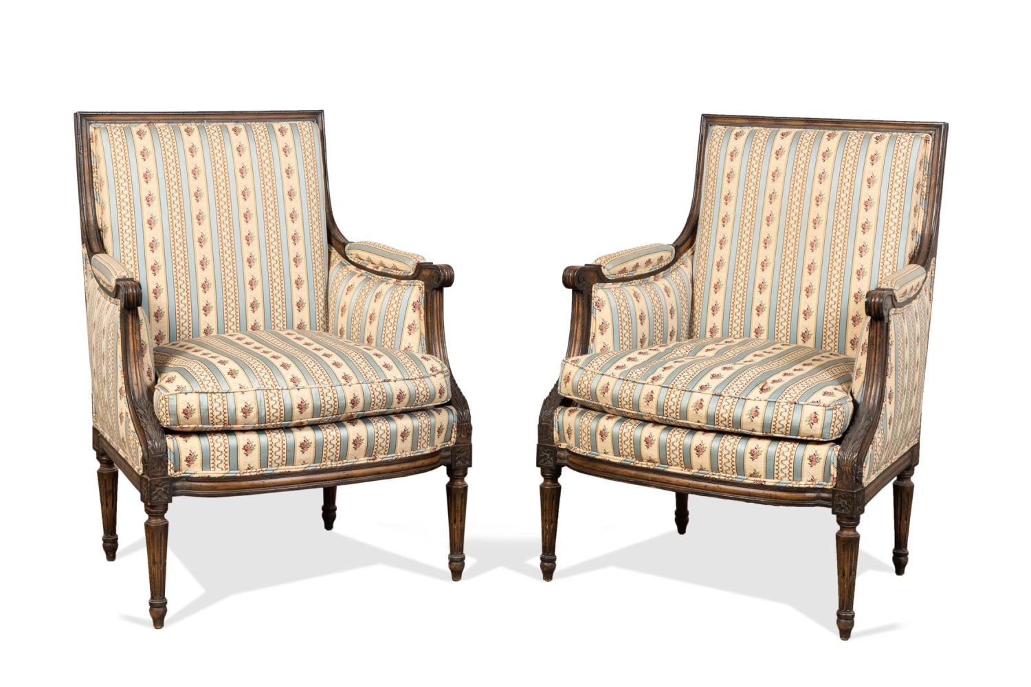 Appraisal: PAIR LOUIS XVI STYLE FLORAL UPHOLSTERED BERGERES Pair of walnut