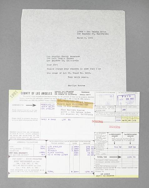 Appraisal: A Marilyn Monroe property tax document and typed letter -