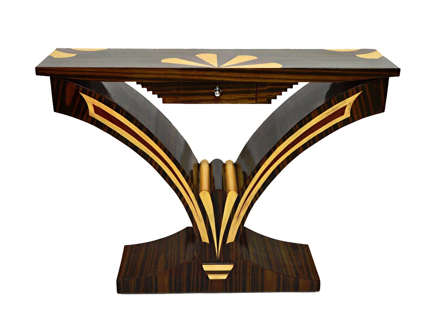 Appraisal: An Art Deco style parquetry inlaid faux coromandel console table