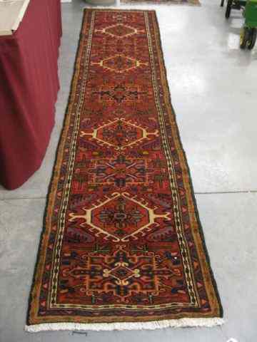 Appraisal: Heriz Persian Handmade Runner geometrics on red field thick rich