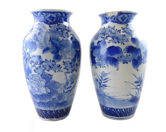 Appraisal: ASIAN Pair blue and white vases tapering bodies decorated with