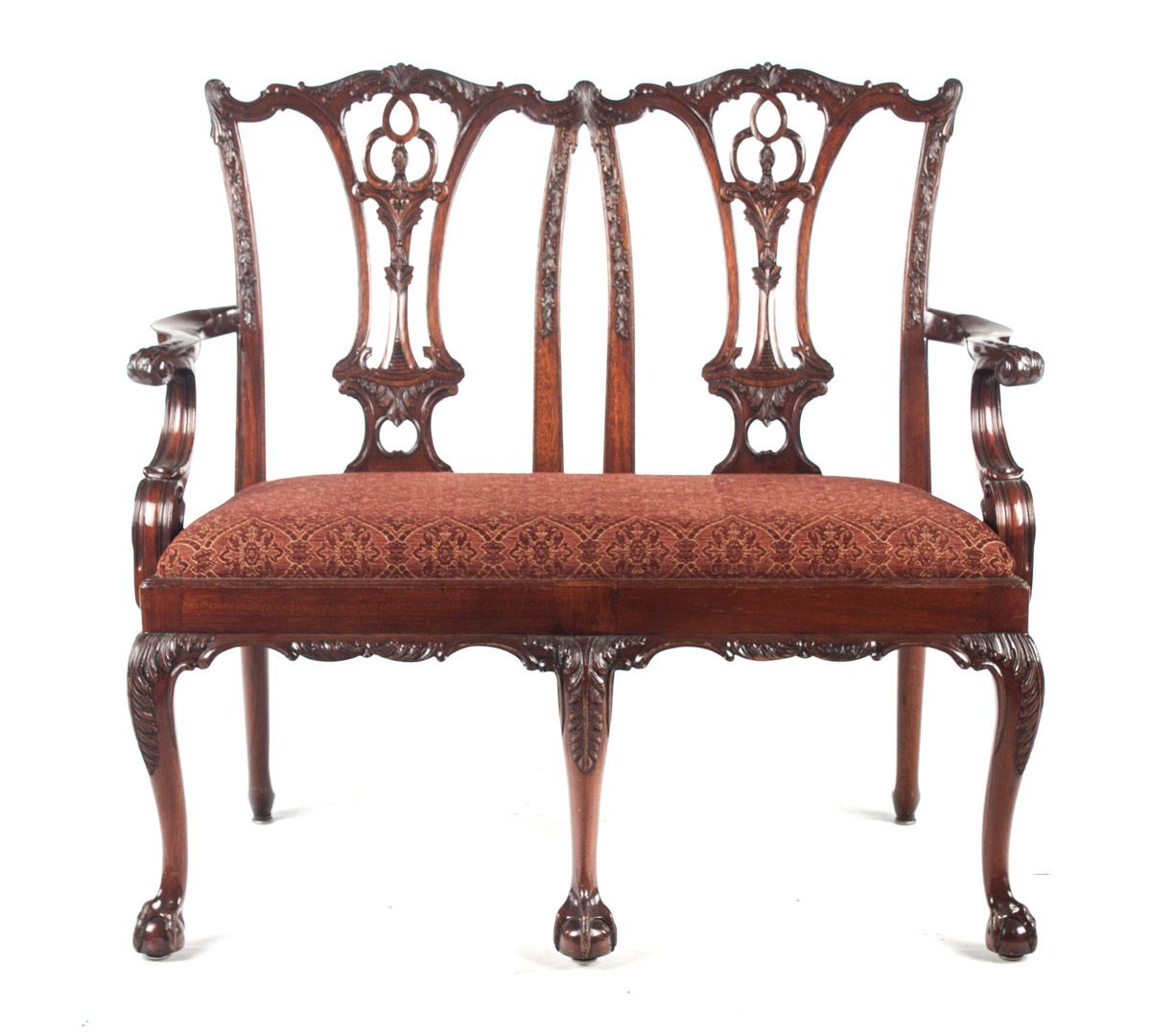 Appraisal: Chippendale style double chair-back settee th century elaborately carved mahogany