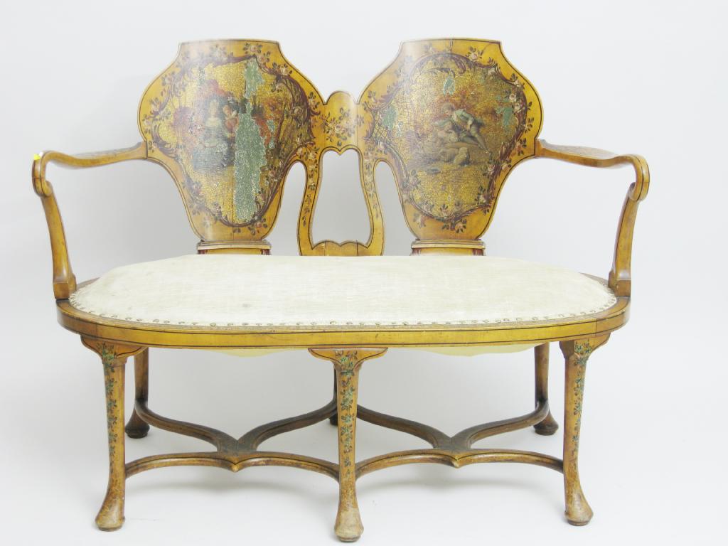 Appraisal: A th Century satinwood Settee the double chair back painted