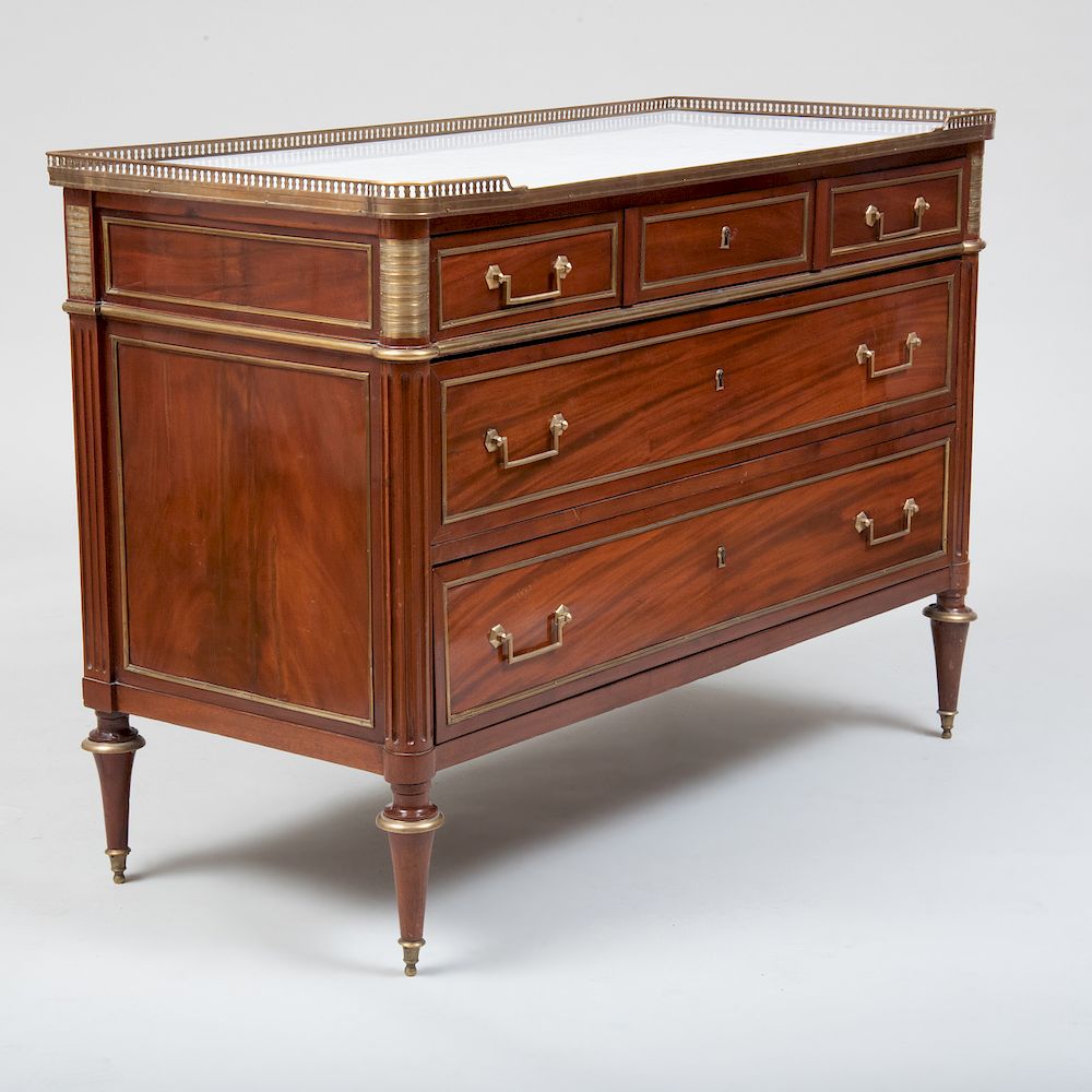 Appraisal: Louis XVI Style Brass-Mounted Mahogany Commode Fitted with a marble