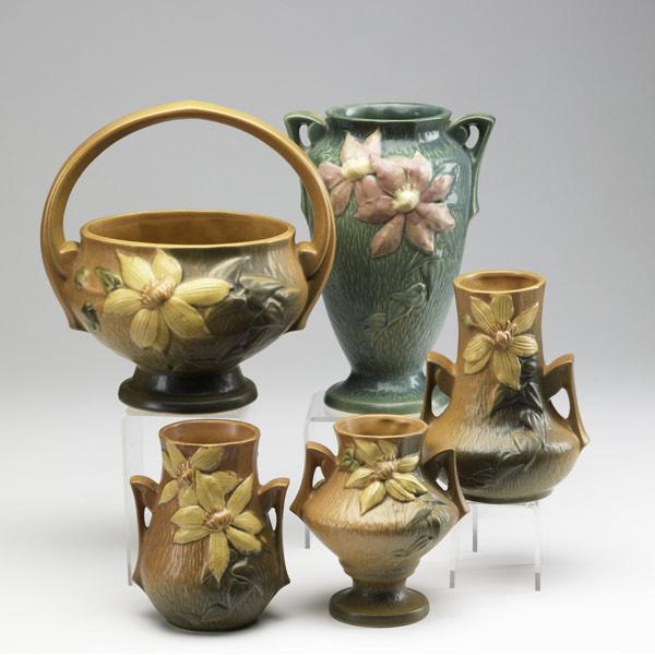 Appraisal: ROSEVILLE Clematis five vases four brown and one green Tight