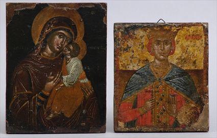 Appraisal: LARGE ICON OF A PRELATE SAINT AND THREE SMALLER ICONS