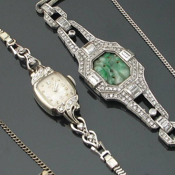 Appraisal: An Art Deco diamond platinum and jadeite converted watch with