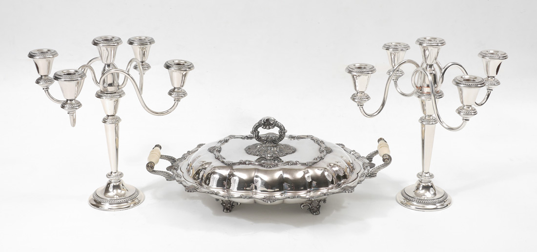 Appraisal: PRESENTATION ORNATE COVERED VEGETABLE CANDLESTICKS pieces total to include Silverplate