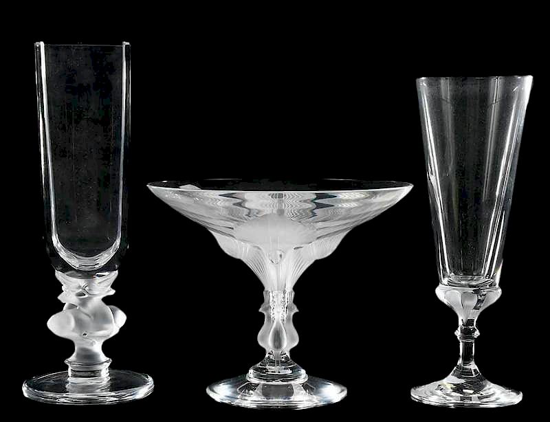 Appraisal: Three Lalique Glassware Objects including two footed vases - in